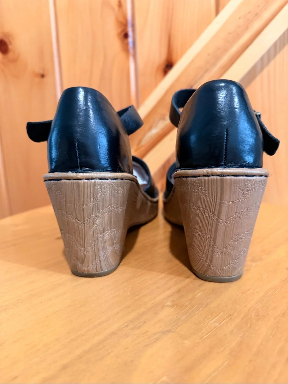 Born Black Leather Wedge Sandals with Ankle Strap